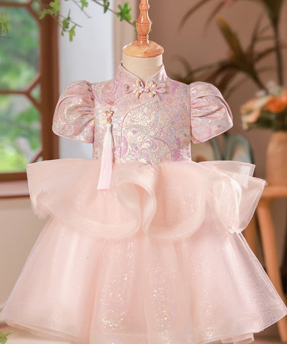 Beautiful Pink Print Button Tulle Girls Long Dress Puff Sleeve