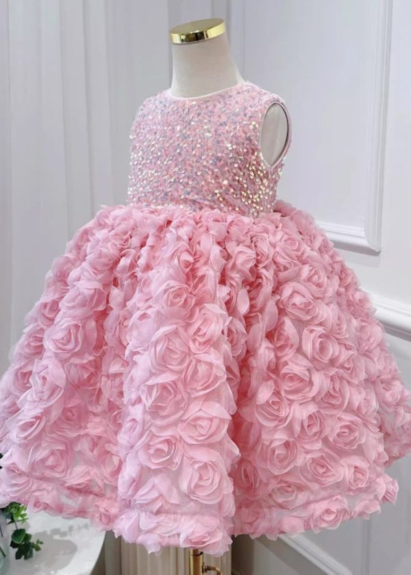 Beautiful Pink Tulle Patchwork Sequins Girls Long Dress Sleeveless - Image 2