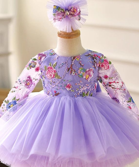 Beautiful Purple Tulle Patchwork Patch Girls Long Dress Spring