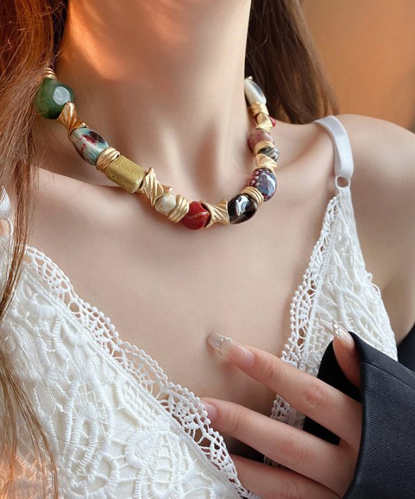 Beautiful Rainbow Sterling Silver Overgild Ceramic Beads Collar Necklace - Image 3