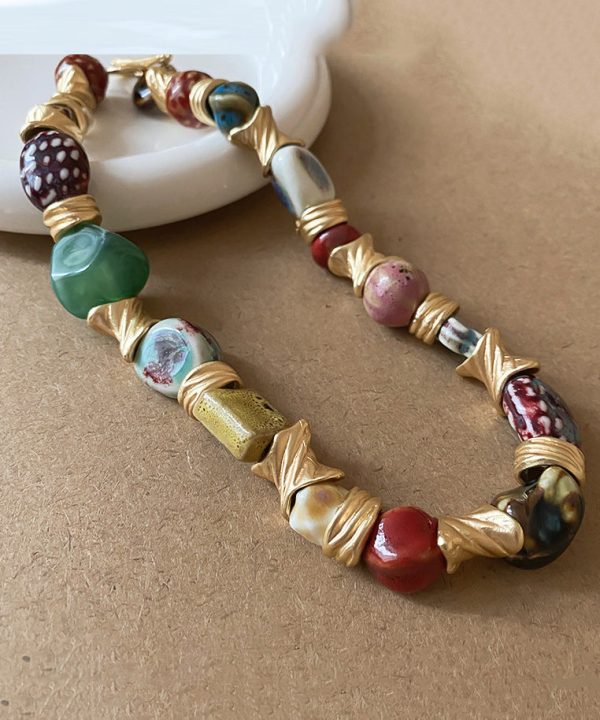 Beautiful Rainbow Sterling Silver Overgild Ceramic Beads Collar Necklace - Image 4