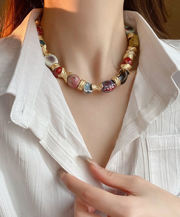 Beautiful Rainbow Sterling Silver Overgild Ceramic Beads Collar Necklace - Image 5