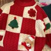 Beautiful Red O-Neck Thick Plaid Patchwork Cotton Knit Girls Sweaters Spring