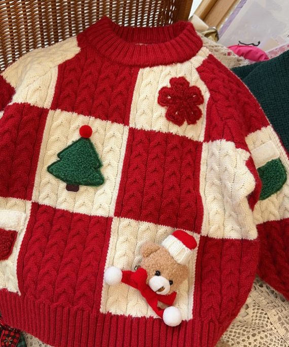 Beautiful Red O-Neck Thick Plaid Patchwork Cotton Knit Girls Sweaters Spring