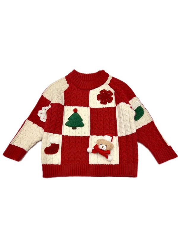 Beautiful Red O-Neck Thick Plaid Patchwork Cotton Knit Girls Sweaters Spring - Image 5