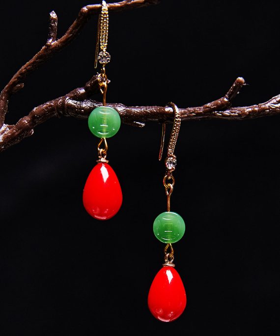 Beautiful Red Water Droplet Coral Fine Jade Drop Earrings