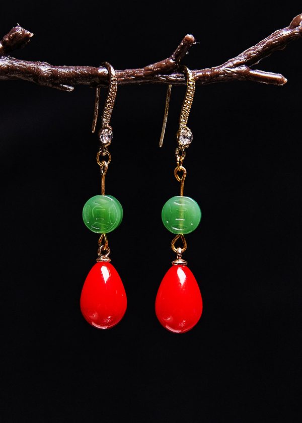 Beautiful Red Water Droplet Coral Fine Jade Drop Earrings - Image 2