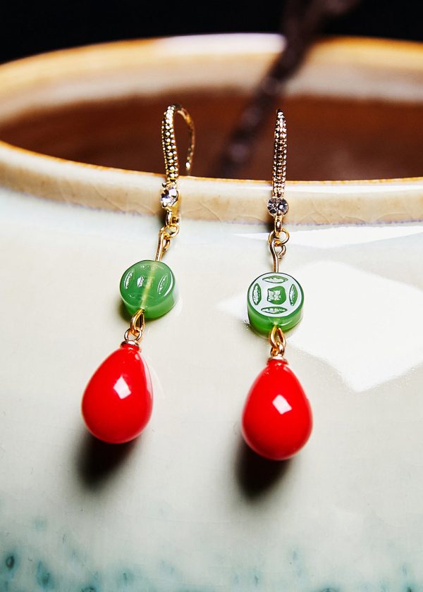 Beautiful Red Water Droplet Coral Fine Jade Drop Earrings - Image 3