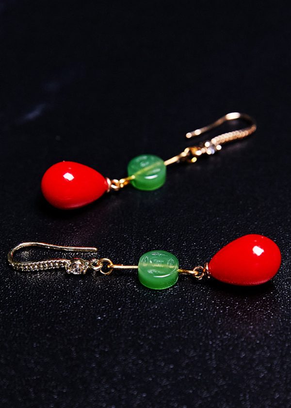 Beautiful Red Water Droplet Coral Fine Jade Drop Earrings - Image 4