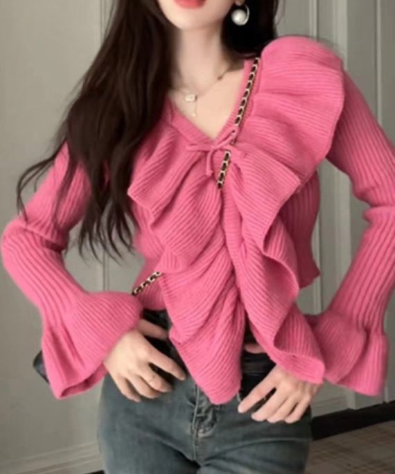 Beautiful Rose Ruffled Patchwork Cotton Knit Sweaters Spring