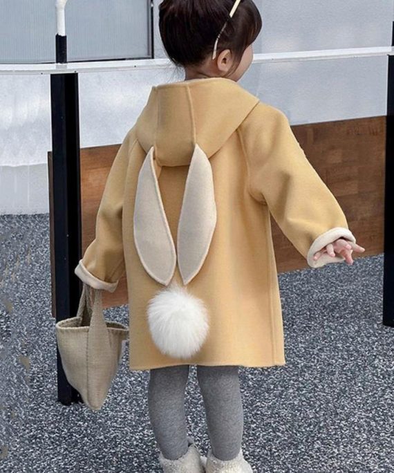 Beautiful Yellow Hooded Pockets Patchwork Woolen Girls Coat Spring