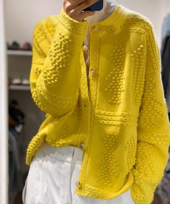 Beautiful Yellow O Neck Button Knit Sweaters Coat Fall