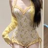 Beautiful Yellow Print Smock And Bodysuit Lingerie Set