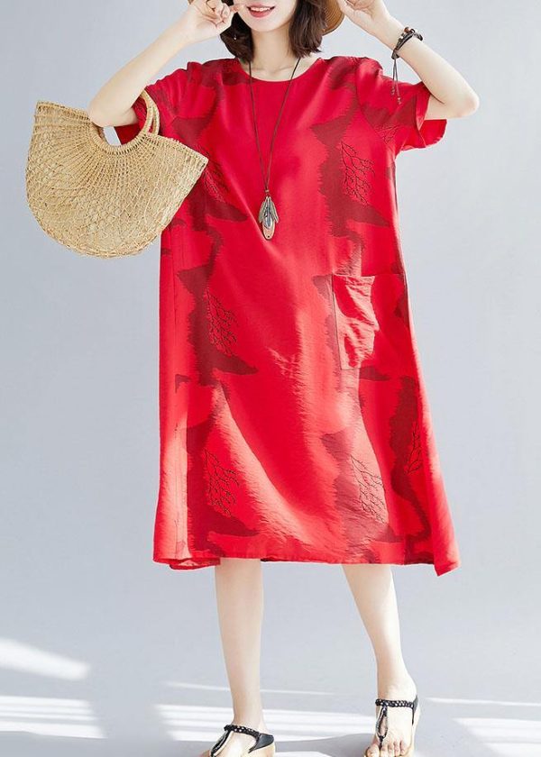Beautiful big pockets cotton clothes Women Sleeve red prints wild cotton robes Dress summer - Image 2