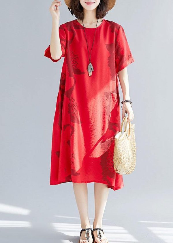 Beautiful big pockets cotton clothes Women Sleeve red prints wild cotton robes Dress summer - Image 3