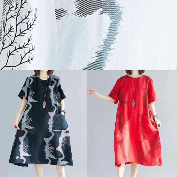 Beautiful big pockets cotton clothes Women Sleeve red prints wild cotton robes Dress summer - Image 5