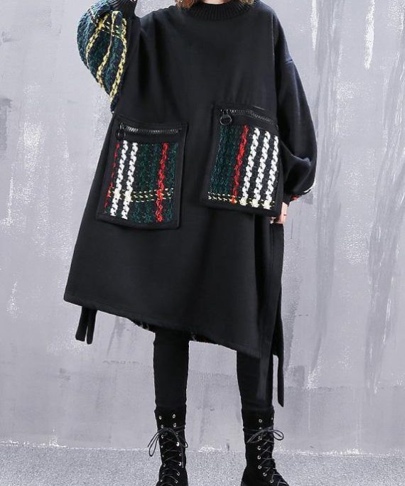 Beautiful Black Cotton Clothes Women Patchwork Oversized Side Open Dress