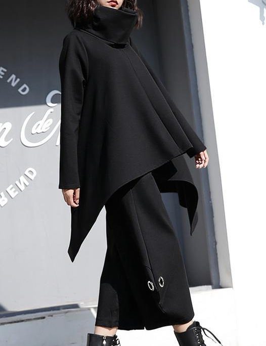 Beautiful black cotton clothes For Women asymmetric hem oversized high neck tops