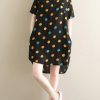 Beautiful black dotted Cotton Tunics stand collar pockets Plus Size summer Dress