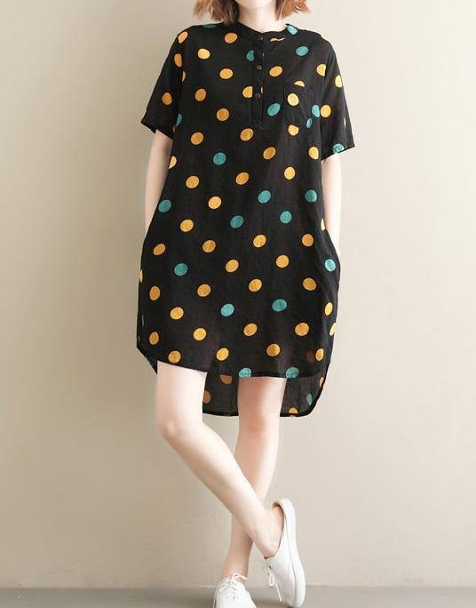 Beautiful black dotted Cotton Tunics stand collar pockets Plus Size summer Dress