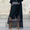 Beautiful black embroidery cotton clothes lapel patchwork tulle Traveling Dresses