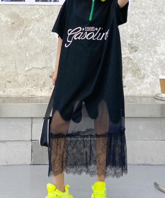 Beautiful black embroidery cotton clothes lapel patchwork tulle Traveling Dresses
