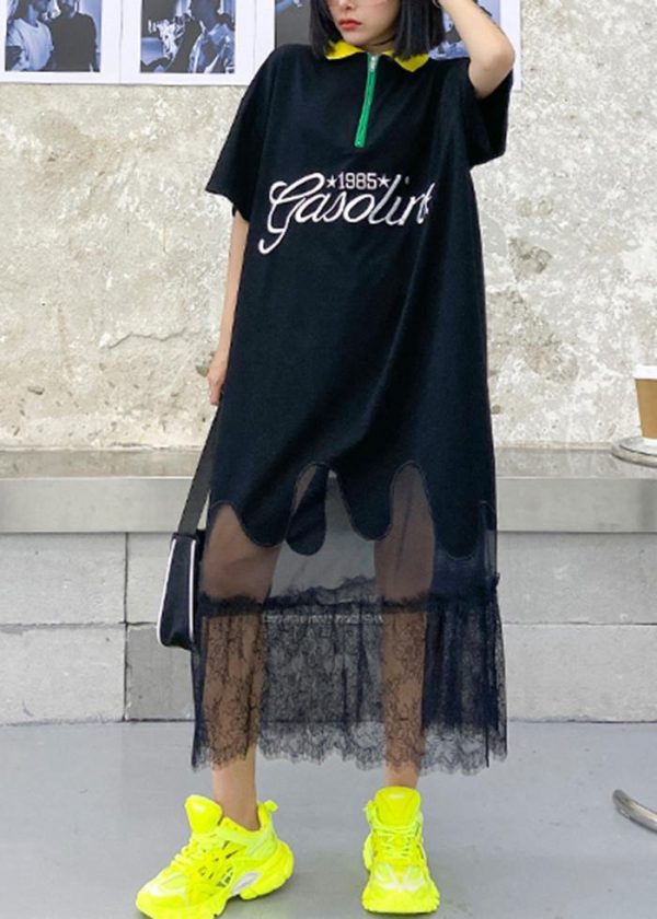 Beautiful black embroidery cotton clothes lapel patchwork tulle Traveling Dresses
