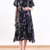 Beautiful black linen clothes tie waist long summer prints Dresses