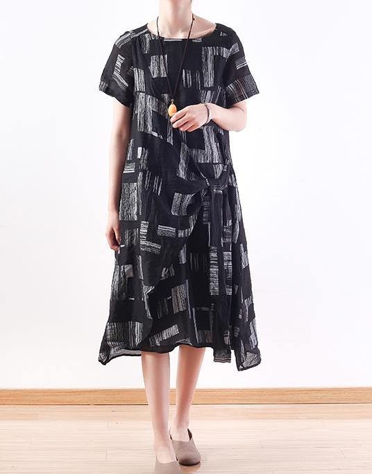 Beautiful black linen clothes tie waist long summer prints Dresses
