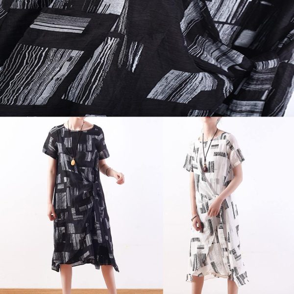Beautiful black linen clothes tie waist long summer prints Dresses - Image 5