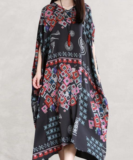 Beautiful black print clothes v neck Batwing Sleeve Traveling summer Dress