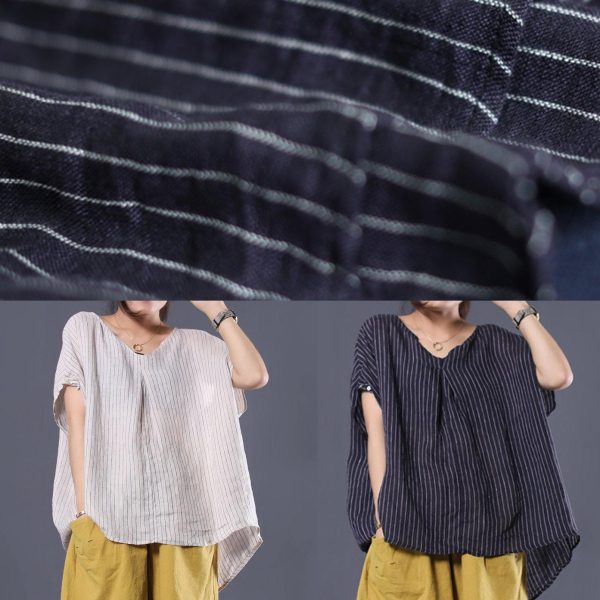 Beautiful blue striped linen clothes For Women v neck baggy summer top - Image 5