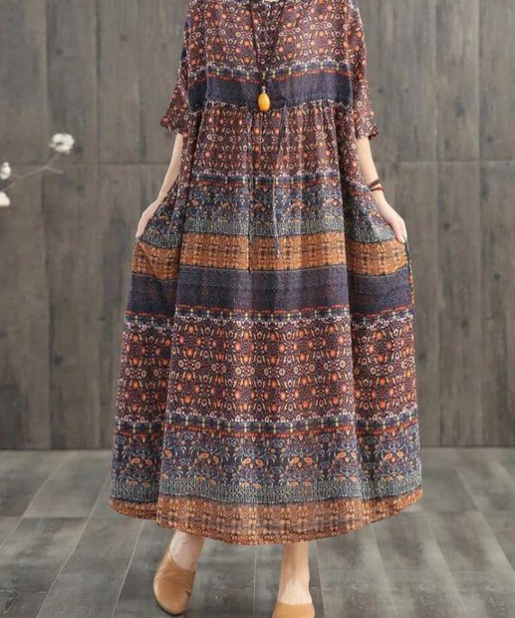 Beautiful blended Wardrobes Drops Design Retro Print Washed Comfortable Loose Dress