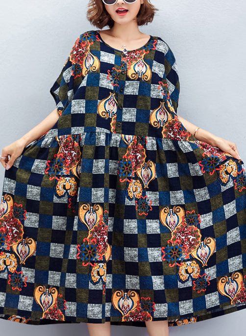 Beautiful blue Plaid cotton dresses Vintage Fabrics o neck large hem cotton summer Dress