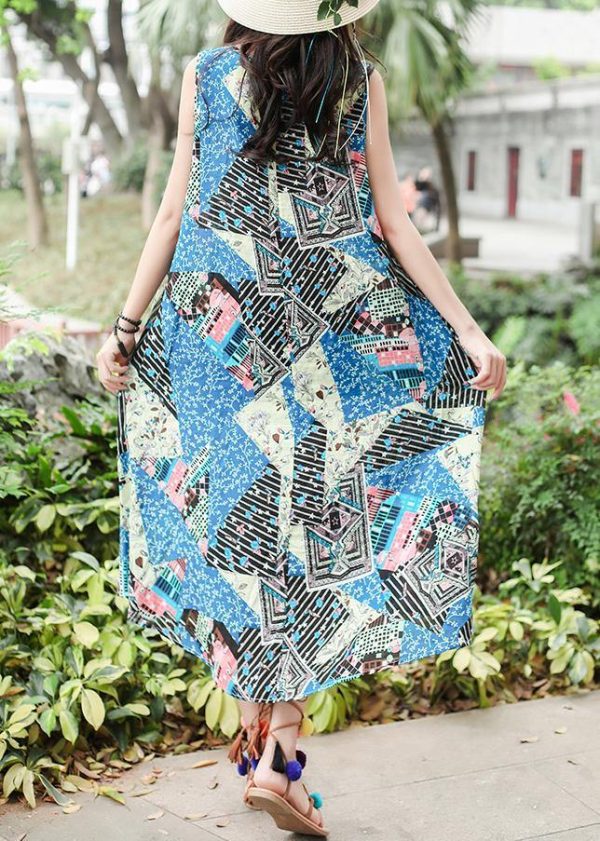 Beautiful blue print cotton quilting clothes sleeveless tie waist Maxi summer Dresses - Image 4
