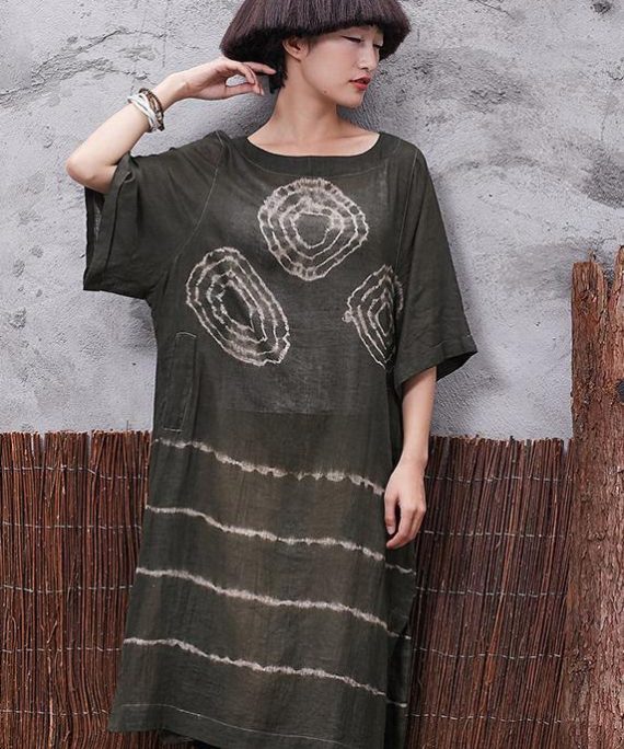 Beautiful green prints linen Tunic side open Plus Size Clothing summer Dress