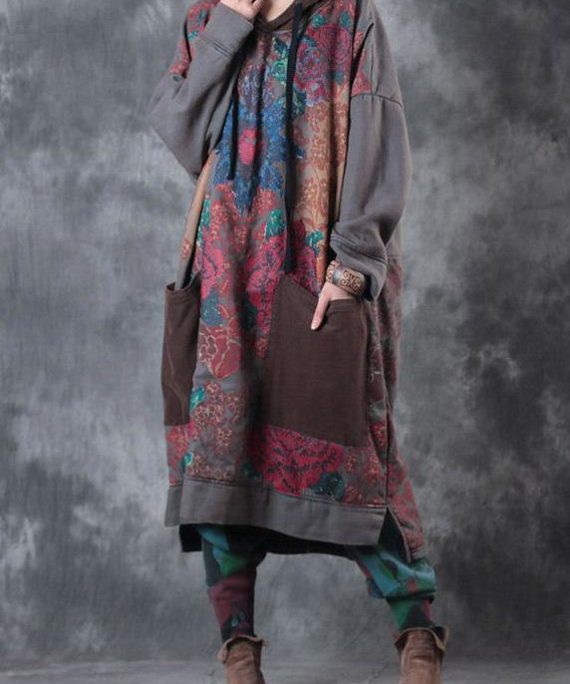 Beautiful hooded drawstring cotton Wardrobes design gray print Maxi Dresses fall