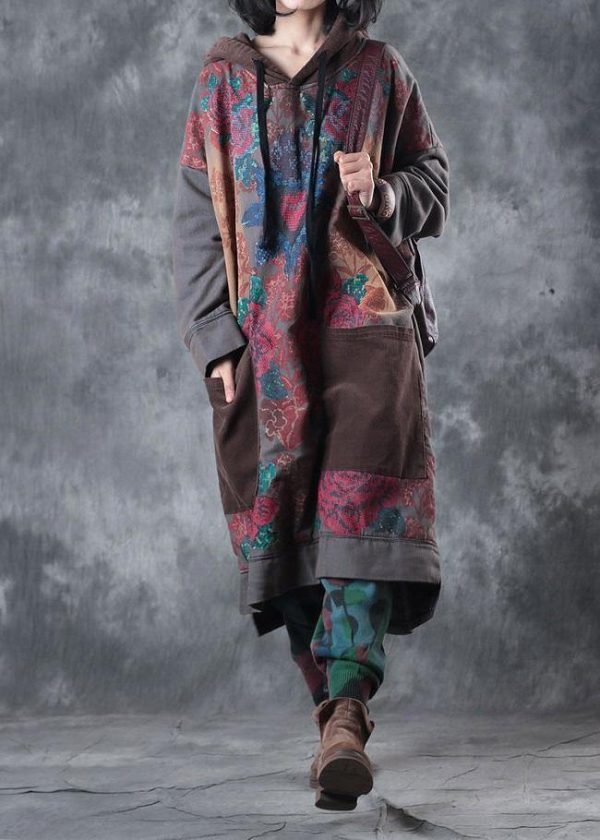 Beautiful hooded drawstring cotton Wardrobes design gray print Maxi Dresses fall - Image 2