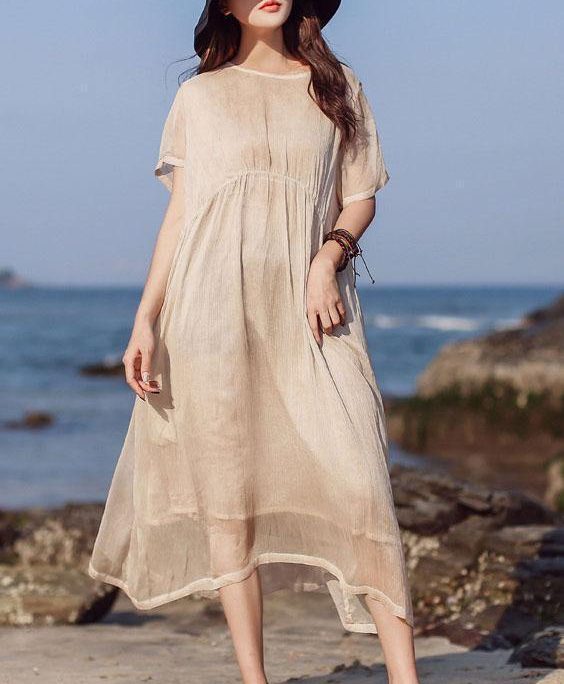 Beautiful khaki o neck cotton Tunics short sleeve long summer Dress