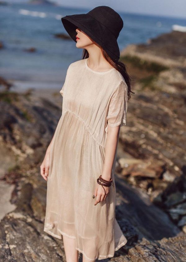 Beautiful khaki o neck cotton Tunics short sleeve long summer Dress - Image 3