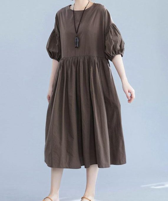 Beautiful lantern sleeve cotton quilting clothes Shape dark khaki o neck Plus Size Dress summer