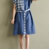 Beautiful lapel tie waist linen dresses Cotton blue Plaid Dress summer