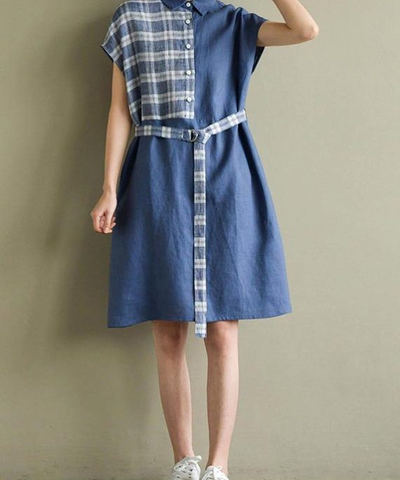 Beautiful lapel tie waist linen dresses Cotton blue Plaid Dress summer