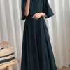 Beautiful navy linen cotton quilting clothes flare sleeve Bow Art summer Dress