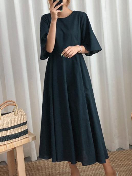 Beautiful navy linen cotton quilting clothes flare sleeve Bow Art summer Dress
