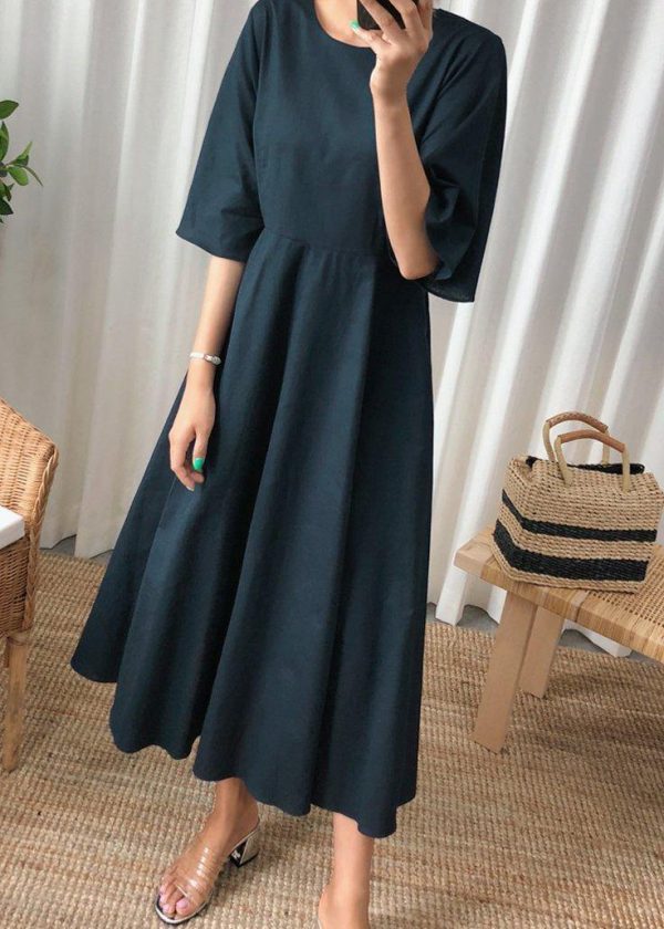 Beautiful navy linen cotton quilting clothes flare sleeve Bow Art summer Dress - Image 2