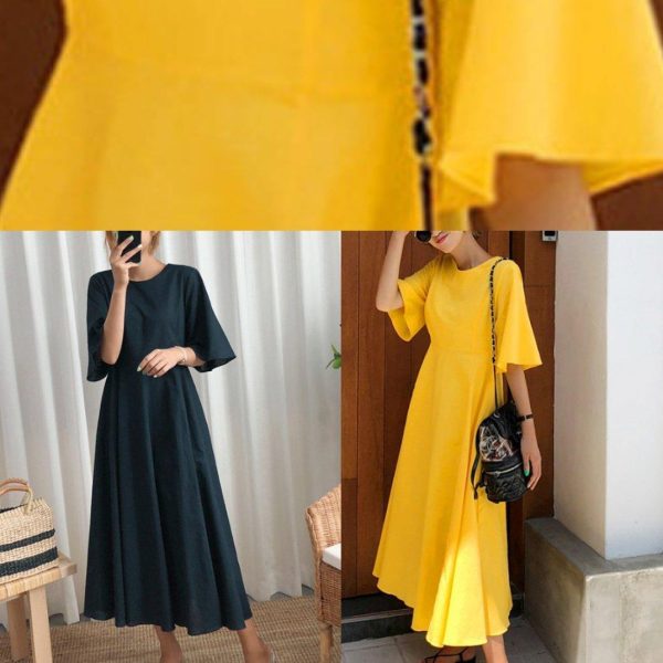 Beautiful navy linen cotton quilting clothes flare sleeve Bow Art summer Dress - Image 5