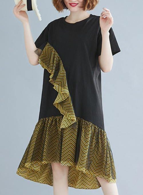 Beautiful o neck Ruffles Cotton summer clothes For Women black Dresses