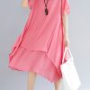Beautiful o neck asymmetric linen clothes Organic Neckline pink oversized Dress Summer