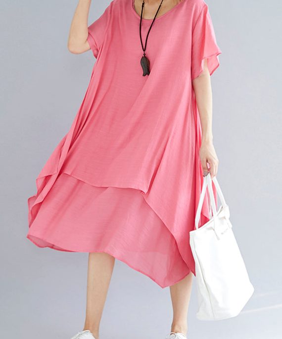 Beautiful o neck asymmetric linen clothes Organic Neckline pink oversized Dress Summer